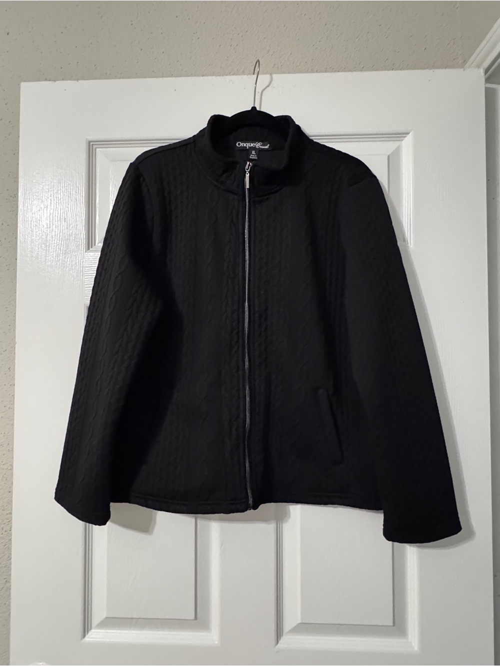 Onque Casual Black Quilted Zip Up Jacket Mock Neck Pockets Women Size XL